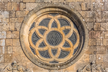 View of historic building in ruins, convent of St. Joao of Tarouca, detail of rosacea in Romanesque church