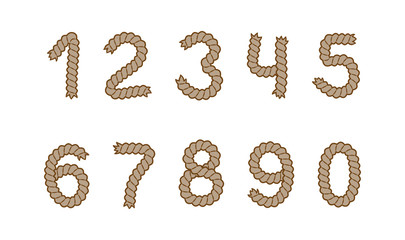 Set of rope numbers from 1 to 0. Colored vector illustration, isolated on white