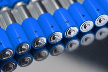 Close-up of blue alkaline batteries