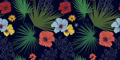 Fototapeta na wymiar Floral design seamless background pattern . Palm leaves, hibiscus flowers. Vector illustration hand drawn.