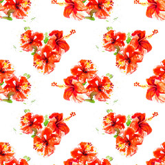 Seamless pattern from red hibiscus flowers. Watercolor painting. Exotic plant. Floral print. Sketch and blurry drawing. Botanical composition. Flower painted background. Hand drawn illustration.