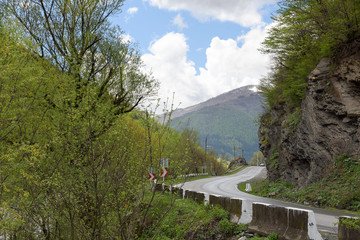 Section of Georgian Military Road near confluence of white and black Aragvi. Caucasian ridge,...