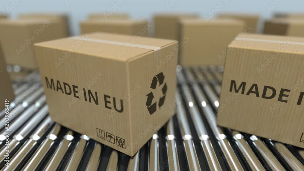 Aufkleber boxes with made in eu text on roller conveyor. european union goods related loopable 3d animation