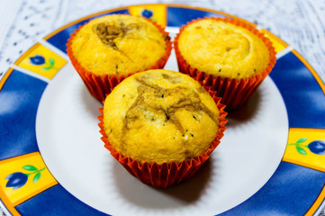Marbled muffins with chocolate chips.