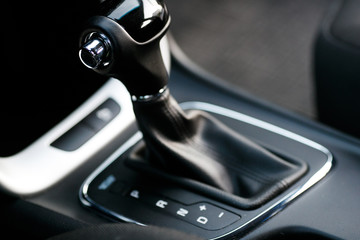 Car interior. Automatic transmission gear shift.