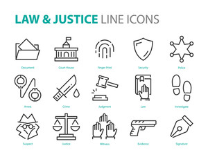 set of law icons, such as justice, lawyer, court, murder, legal