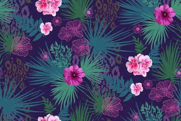 Floral design seamless background pattern . Palm leaves, mix flowers. Vector illustration hand drawn. © Elena