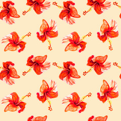 Seamless pattern from red hibiscus flowers. Watercolor painting. Exotic plant. Floral print. Sketch and blurry drawing. Botanical composition. Flower painted background. Hand drawn illustration.