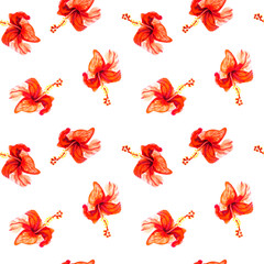 Seamless pattern from red hibiscus flowers. Watercolor painting. Exotic plant. Floral print. Sketch and blurry drawing. Botanical composition. Flower painted background. Hand drawn illustration.