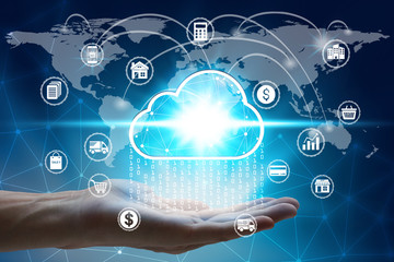 Hand holding with virtual cloud computing icon over the Network connection, Cyber Security Data Protection Business Technology Privacy concept
