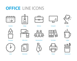 set of office icons, such as document, computer, calendar