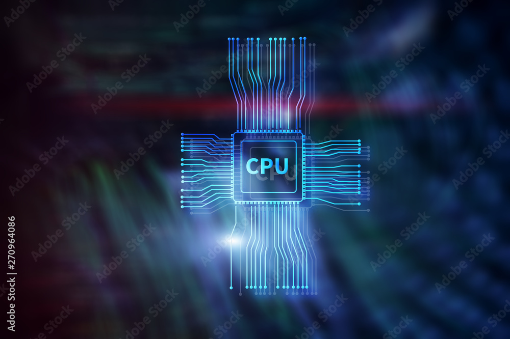 Poster blue glowing futuristic cpu in the center of computer system