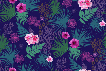 Floral design seamless background pattern . Palm leaves, mix flowers. Vector illustration hand drawn.