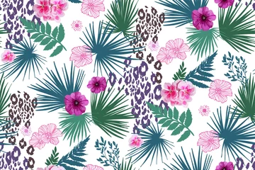 Fotobehang Floral design seamless background pattern . Palm leaves, mix flowers. Vector illustration hand drawn. © Elena
