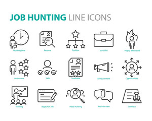 set of job hunting icons, such as cv, hr, training, career