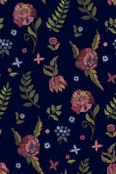 Floral seamless background pattern with mix wild flowers and leaves Line art. Embroidery flowers. Vector illustration.