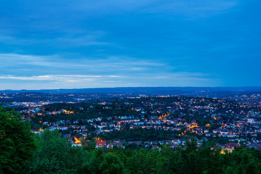 Germany, Villa quarter of city stuttgart district west from peak of mount shards in magical twilight mood by night surrounded by green nature landscape