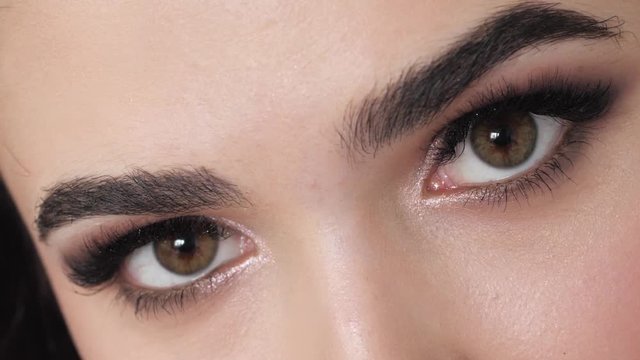 Detail closeup shot of young beautiful brown haired woman green eyes with gorgeous trendy professional makeup, beautiful long eyelashes, perfect eyebrows, demonstrates artist portfolio emotionally