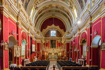 Fototapeta na wymiar Inside the highly ornate Church of Saint Francis, Victoria, Gozo