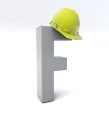 3D illustration of letter F wearing a hard helmet