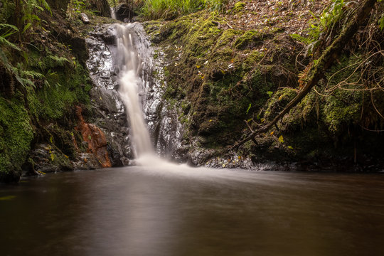 A small waterfall surrounded by rocks and green moss in the middle of a forest in Ireland, long exposure to blur the movement of the water, nobody in the image