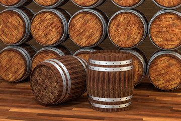 Wooden winery barrel with warm color background, 3d rendering