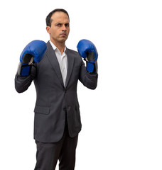 man standing in formal clothes and boxing glove doing fight positions (photo 8/9)