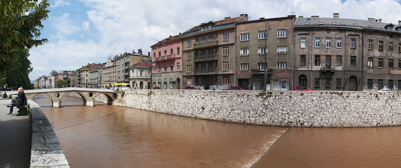 Sarajevo, Bosnia: the skyline with Latinska cuprija, the Latin Bridge over the Miljacka river whose...