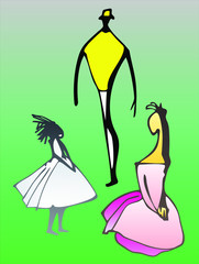 sketch of two girls and men