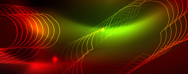 Neon glowing techno lines, hi-tech futuristic abstract background template, vector