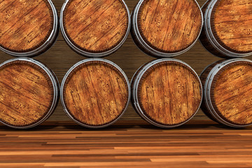 Wooden winery barrel with warm color background, 3d rendering