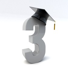 3D illustration of number 3 wearing a graduation hat