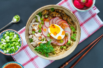 Ramen noodles with chicken, egg, mushrooms and radish sprinkeld with chili sauce and sesame seeds - top view