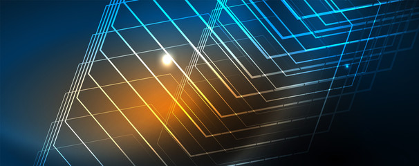 Neon glowing techno lines, hi-tech futuristic abstract background template, vector