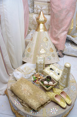 Moroccan Tyafer, traditional gift containers for the wedding ceremony, decorated with ornate golden embroidery.Moroccan henna .wedding gifts for the bride