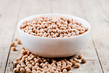 Fresh raw organic chickpeas in white ceramic bowl on rustic wooden table background.