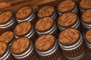 Wooden winery barrel with warm color background, 3d rendering