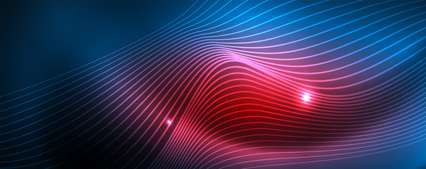 Fototapeta na wymiar Smooth wave lines on blue neon color light background. Glowing abstract wave on dark, shiny motion, magic space light
