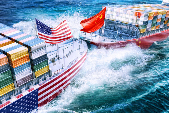 United States and China import export  trade war concept. Cargo containers ships collision as USA vs China business finance economic trade tension conflict and America China trade deficit symbol. 3D