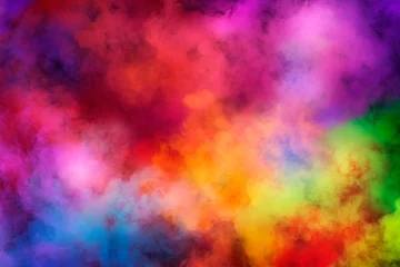 Fotobehang Abstracte wolken van kleur rook kleurrijke textuur achtergrond. Gekleurde vloeibare poederexplosie, stof, vape rook vloeibare abstracte wolken ontwerp voor poster, banner, web, bestemmingspagina, dekking. 3D illustratie © Corona Borealis