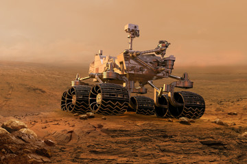 Mars rover exploring surface of Mars. Image of automated robotic space autonomous vehicle on the red Mars planet. Space exploration, astronomy science concept. 3D render - obrazy, fototapety, plakaty