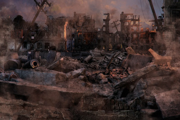 Ruined abandoned city after war battle attack. Buildings on the street destroyed by war, battlefield. Apocalypse, environment ecology, pollution, peace and world war concept. 3D