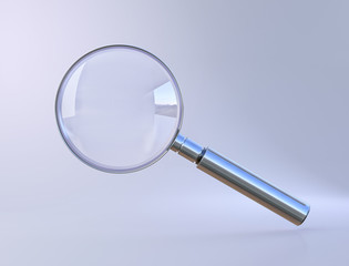 Magnifying glass, optic loupe with metal handle as research symbol with blank studio background. 3D illustration