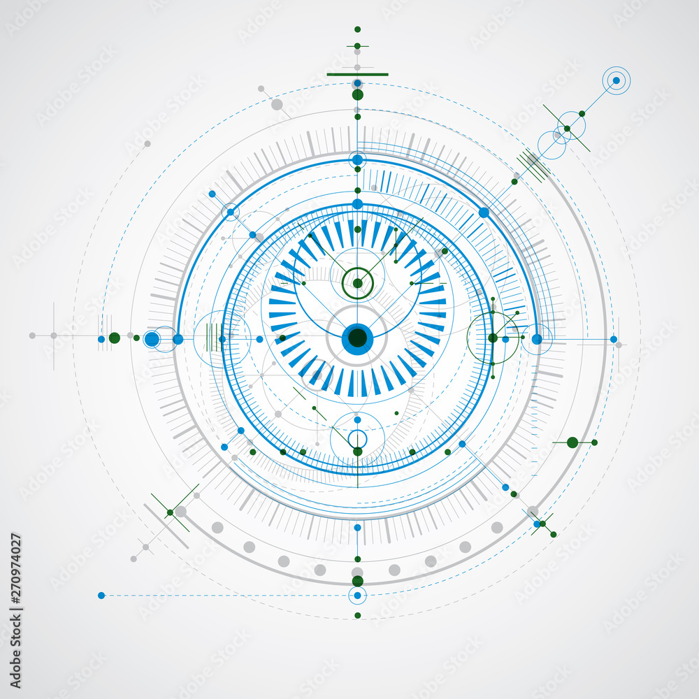 Aufkleber mechanical scheme, blue and green vector engineering drawing with circles and geometric parts of mec