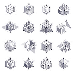 Fototapeta na wymiar Technical blueprints set, vector black and white digital background with geometric design elements, cubes. Engineering technological wallpaper made with honeycombs.
