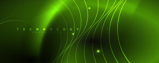 Dark abstract background with bright color neon lights and lines. Glowing background