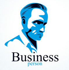 Confident successful businessman handsome man business person vector logo or illustration realistic drawing style.