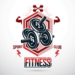 Vector graphic sign composed using weight disc dumbbell and muscular arms of bodybuilder. Strong man championship emblem