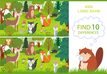 Tuinposter Forest animals find differences game. Educational kids games characters, woodland animal and wild forests vector cartoon illustration © Tartila