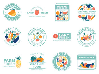 Fresh fruits and vegetables badges. Organic food, natural products and summer fruit. Vegetable badge vector illustration set